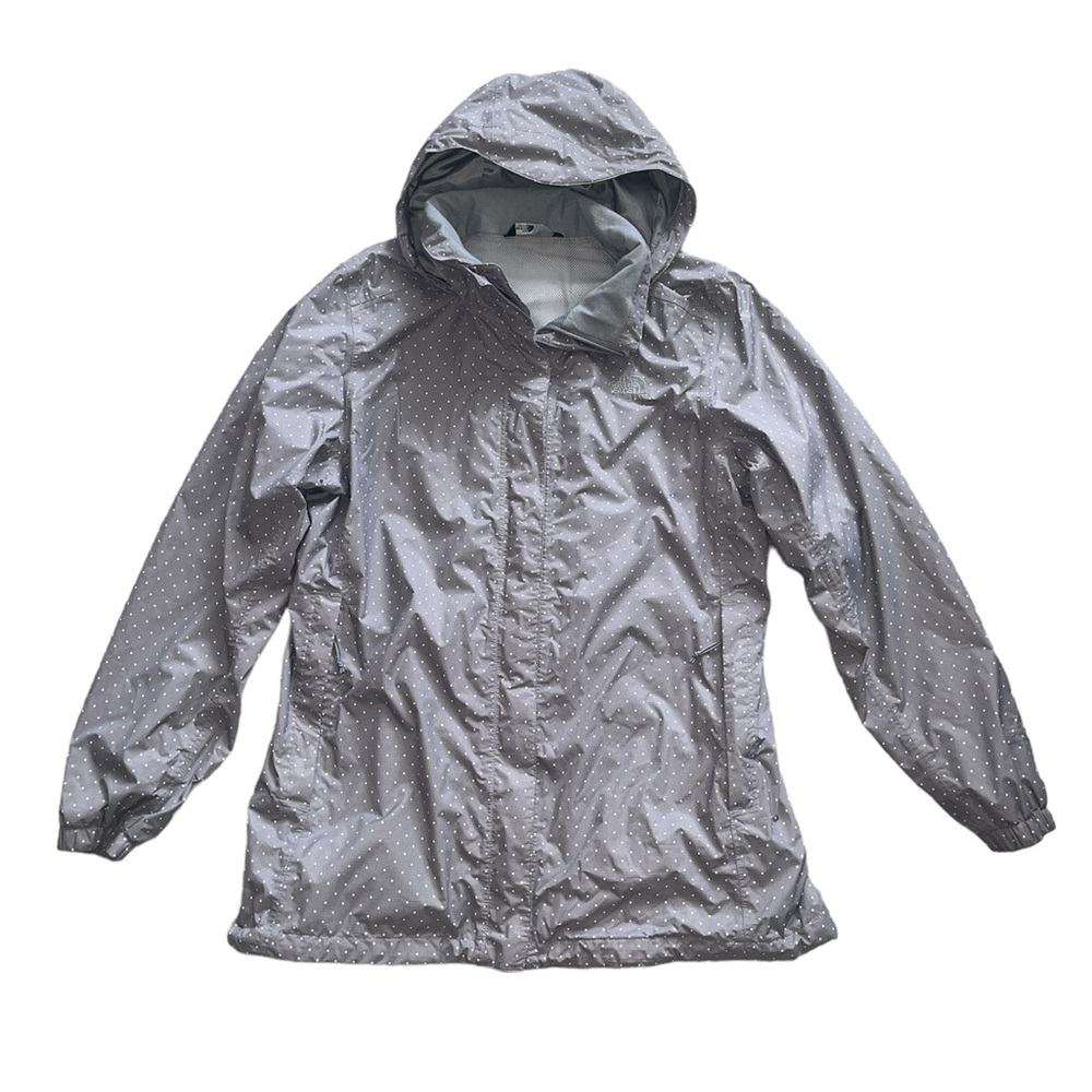 The North Face Rain Jacket Women XL Lightweight Gray White Polka Dots Hood